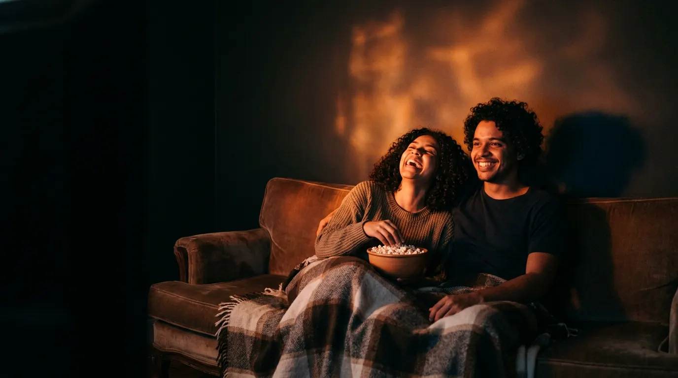 Casal assistindo filme no sofá com pipoca